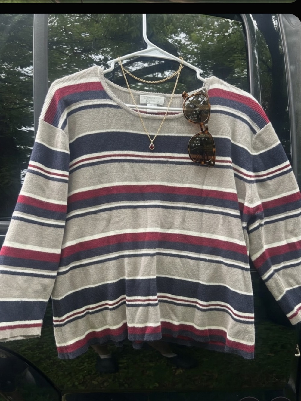 Christopher & Banks Striped Crewneck Sweater with Beige, Navy & Burgundy
